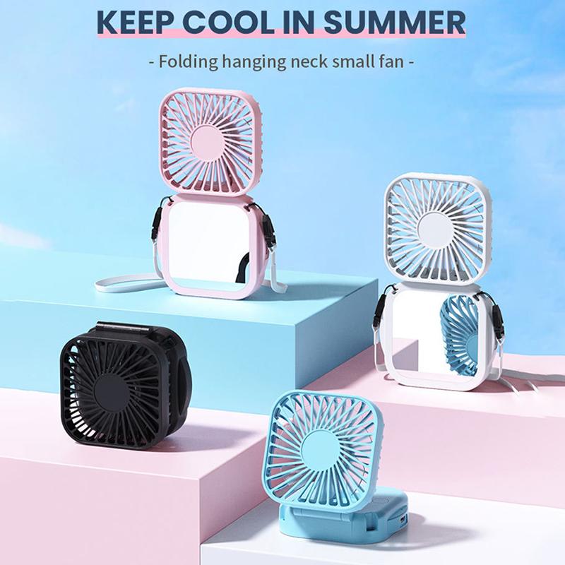 Outdoor Pocket Fan Usb Rechargeable With Vanity Mirror Desktop Square Mute Neck Fan Hanging Folding Handheld Portable Mini Fan