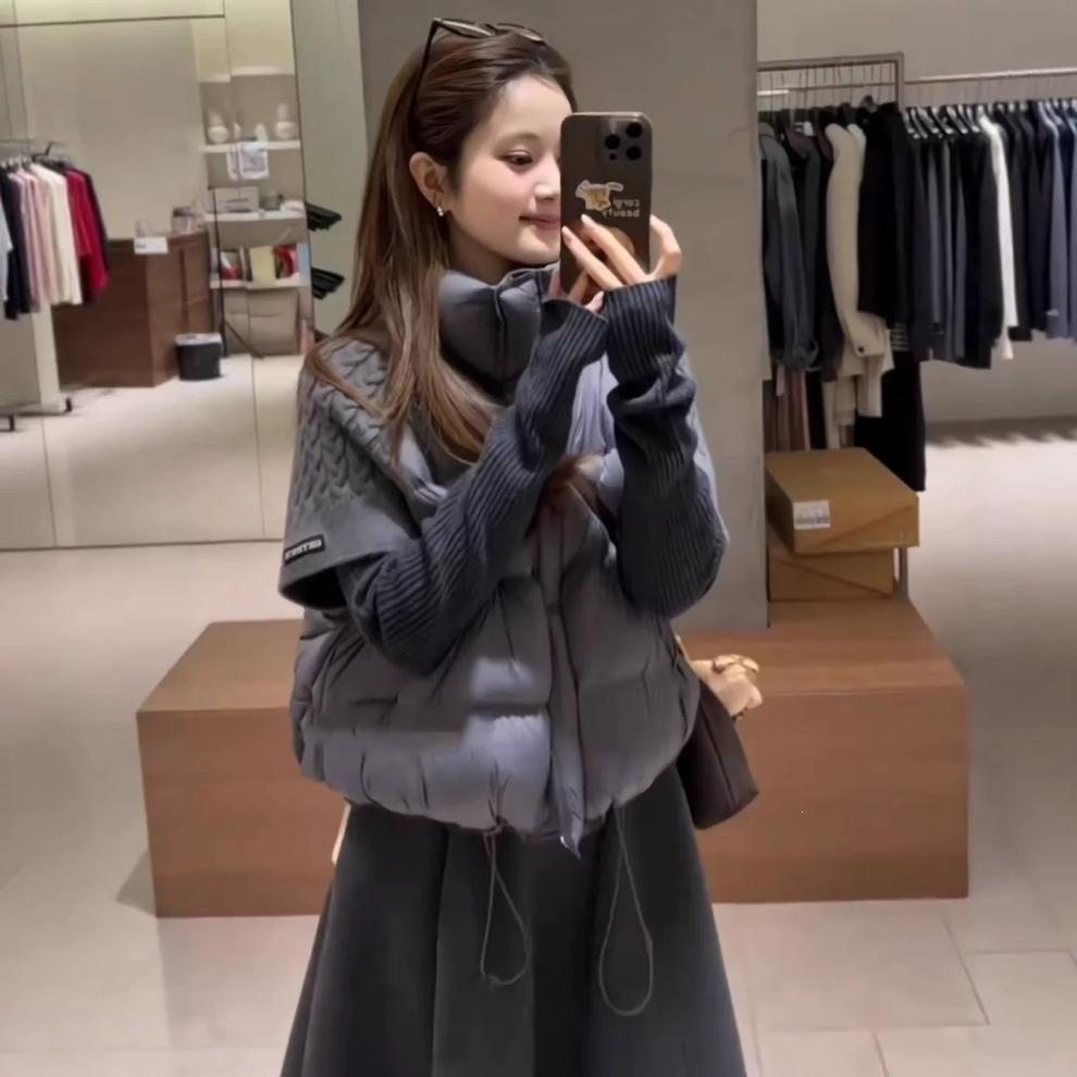 Winter stand-up collar knitted splicing short cotton clothes women's new high-end bread cotton vest jacket