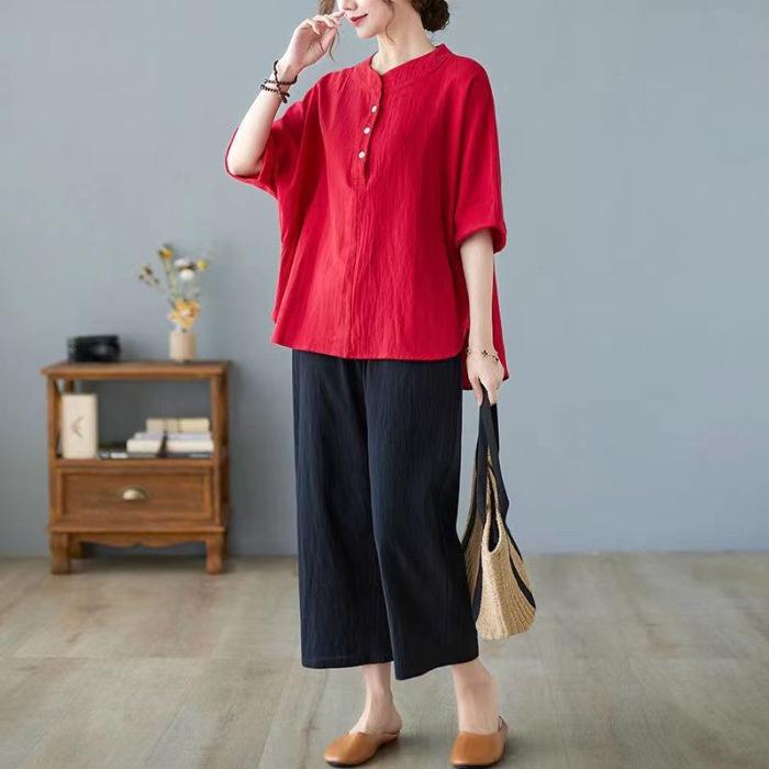 Plus Size Cotton Linen Chic Casual Sports Suit with Five-Point Sleeves