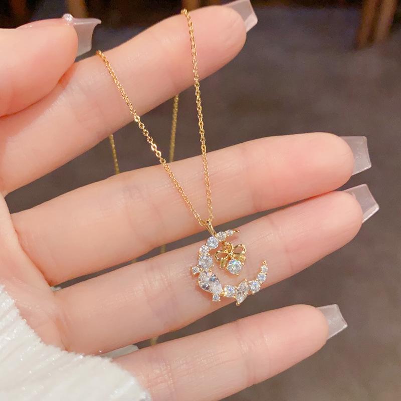 Trending Aesthetic Moon Jewelry Round Zirconia Earring Necklace Set Korean Fashion Jewelry Gold Plated Jewelry