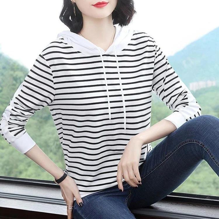 Spring and Autumn Loose Sleeved T-shirt Size Stripe Hooded Oversize Top Tops Women T-shirts Clothing