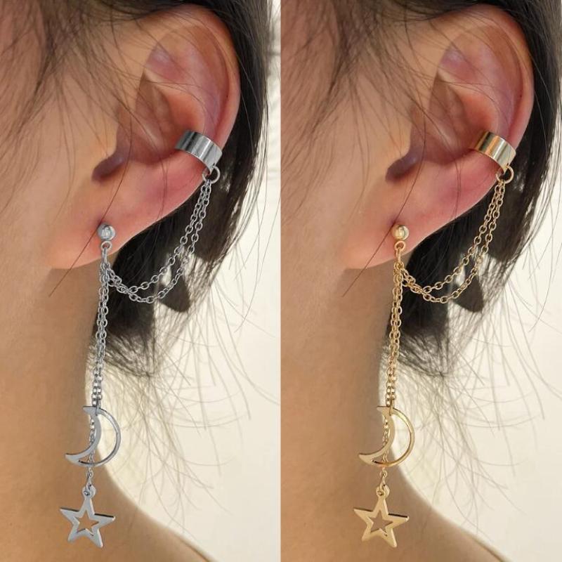 Vintage Pendant Metal Dangle Earrings With Long Chain Ear Clip For Women Silver Color Gold Color Star Moon Earring Jewelry