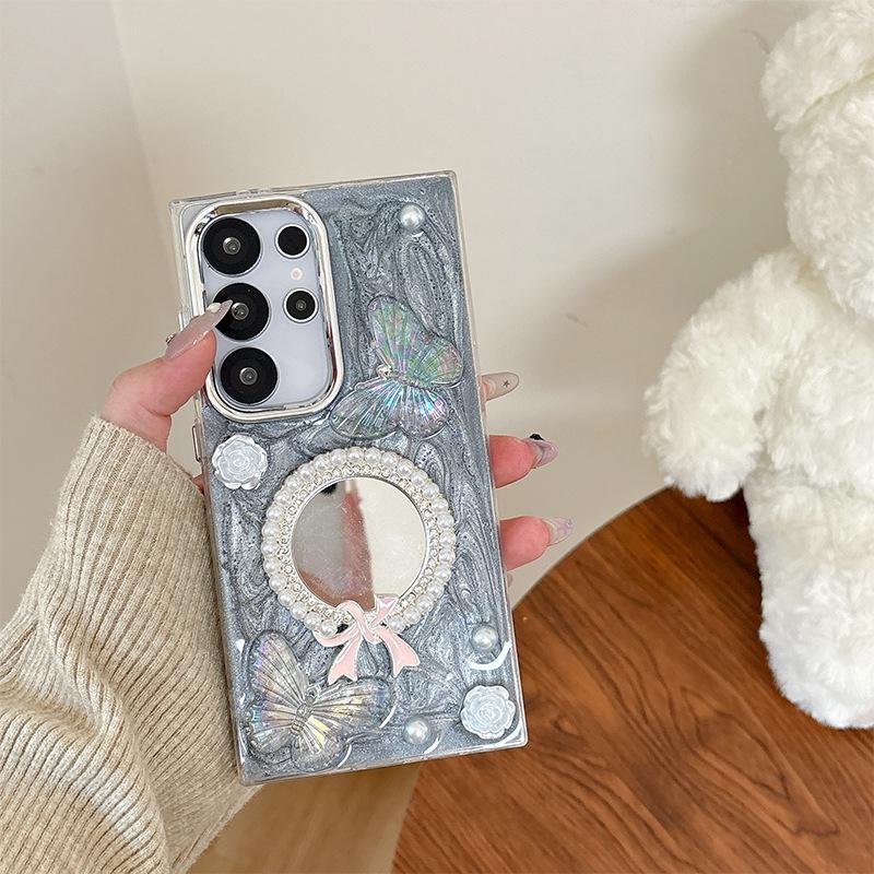 Creative Women'S Makeup Mirror Mobile Phone Case For Samsung S25Ultra Bear Butterfly S24 Heart Mirror A15 Flower