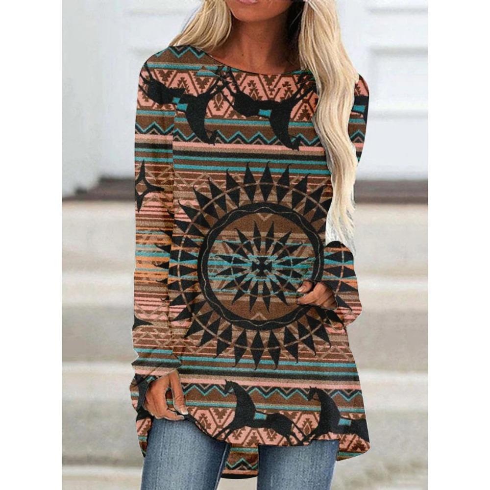 T-shirt z nadrukiem 3D Koszulki Damska Moda T-shirt Długi Rękaw Etniczne Top Topy Nadruk Natywny T-shirt Długie Top Damskie