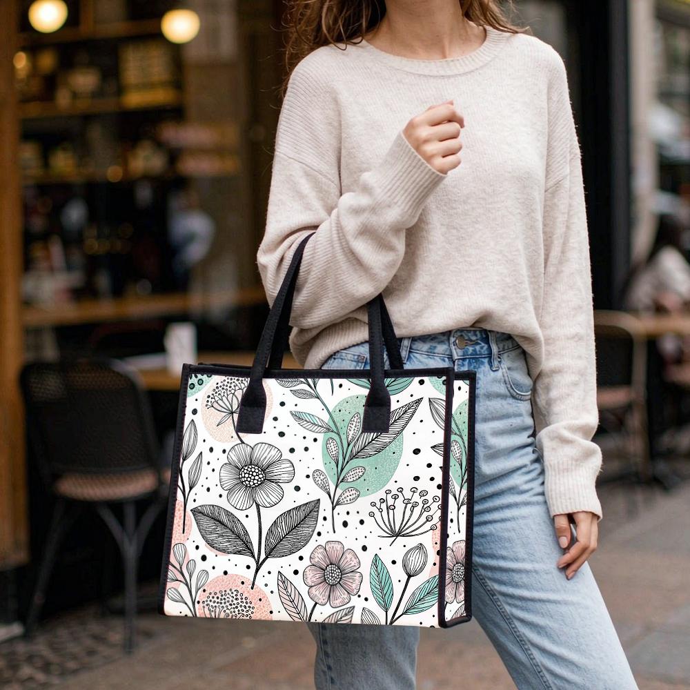 Floral Print Tote Bag Casual Daily Shoulder Bag for Women Lightweight Reusable Shopping Handbag