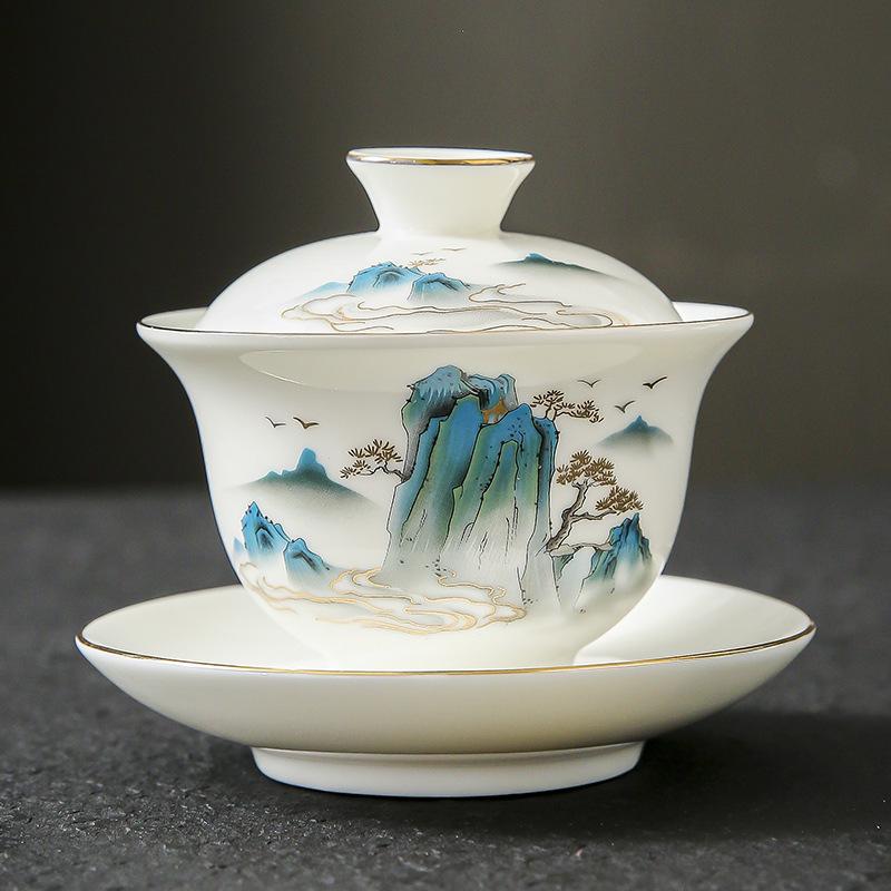 White Porcelain Full Set of Kung Fu Ceramic Tea Set Household Set Gift Box Suet Jade Business Gift Box a Set of Chinese High-end