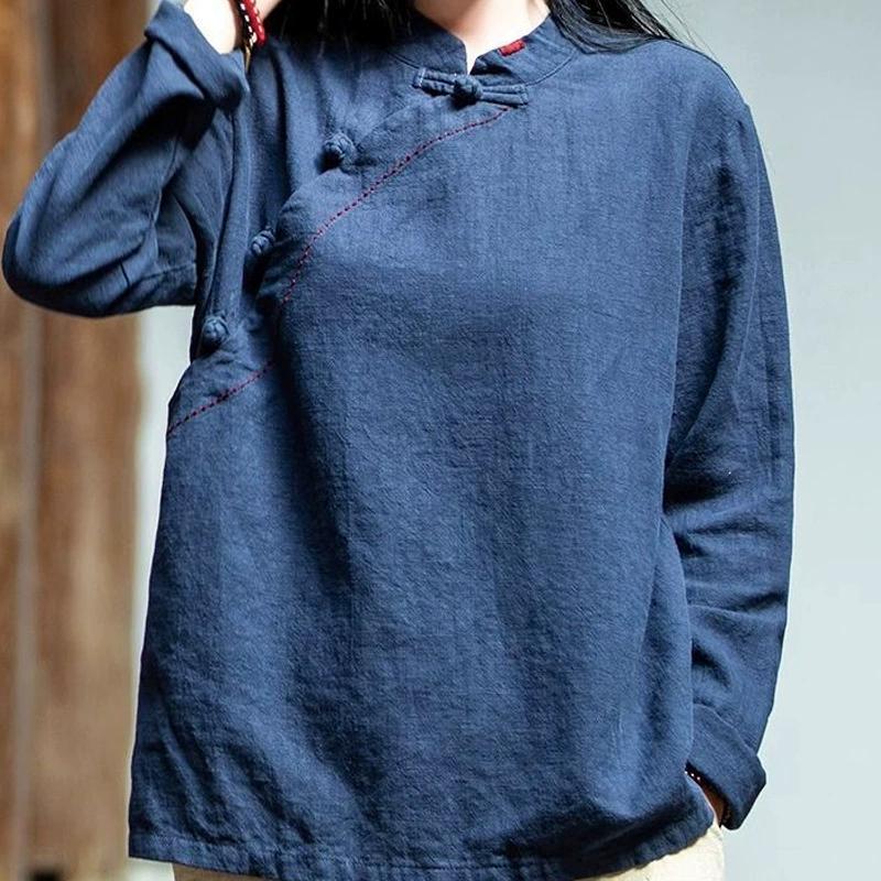 Women's Literature and Art Retro Spring Summer Autumn Cotton Linen Long-sleeved Loose and Thin Blouse Stand-up Collar Diagonal Placket Button-up Shirt