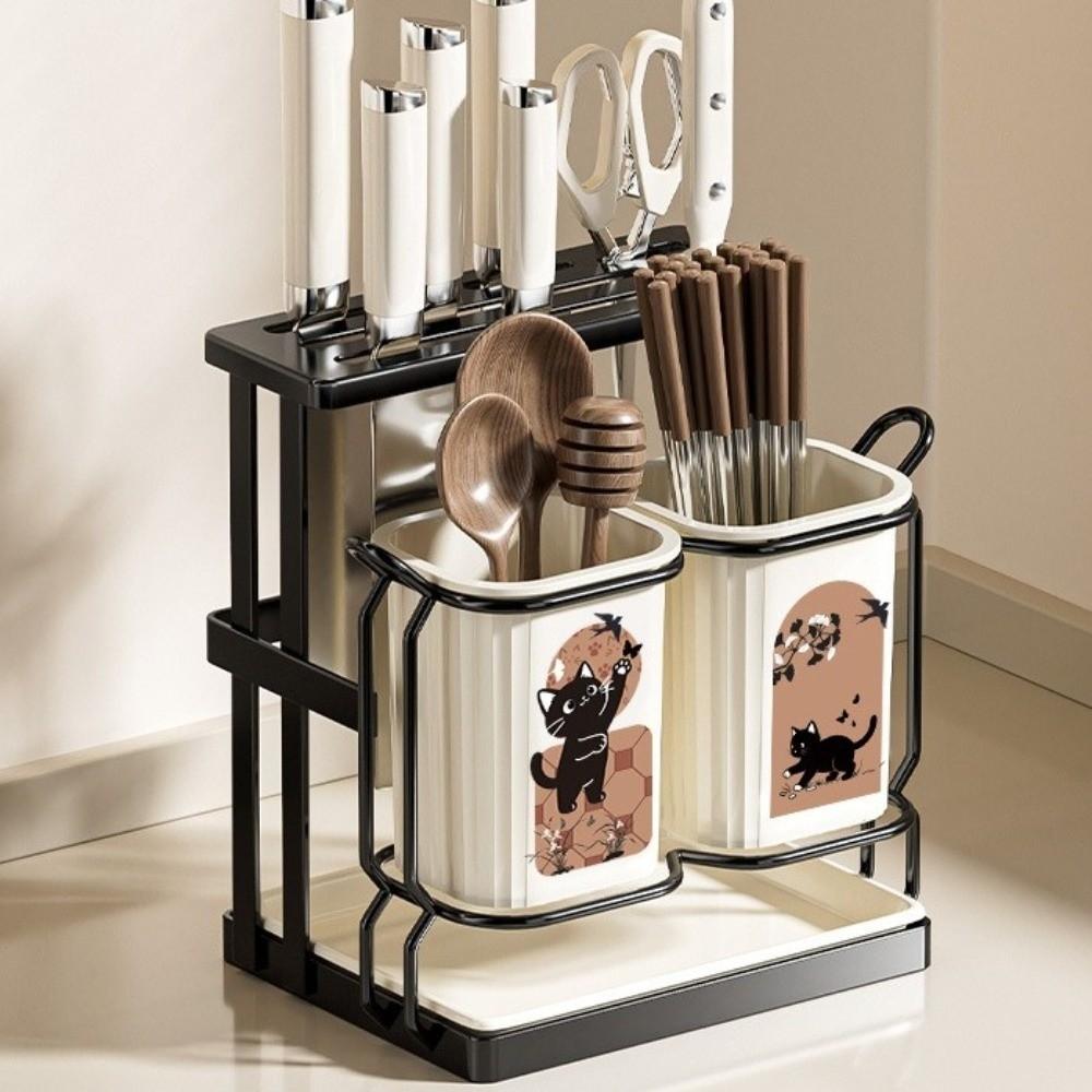 Cute Cat Pattern Kitchen Storage Rack Standing Cutlery Organizer Chopstick Holder Home Use