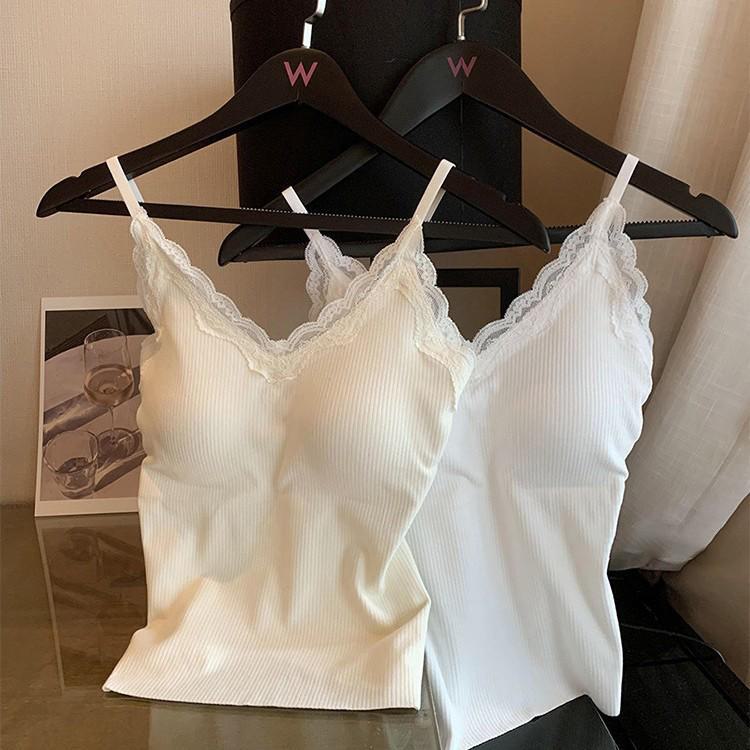 Damen Kaschmir Spitzen Trägertop mit festen Brustpolstern: Verdickte warme Unterwäsche, Slim Fit für Herbst und Winter.