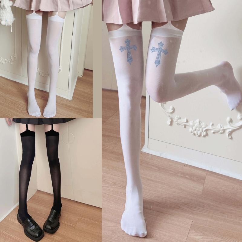 Womens Garter Belt Strappy Suspender Pantyhose Japanese Gothic Crosses Print Thigh High Stockings Bandages Silk Tights
