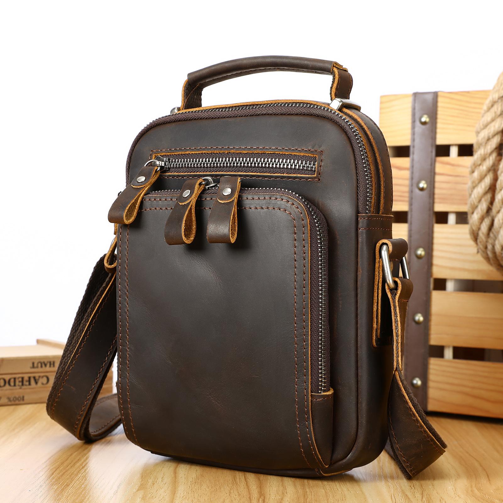 

Кожаная сумка на одно плечо, многофункциональная сумка через плечо из кожи с верхним слоем, повседневная мужская деловая сумка для активного отдыха small темный кофе