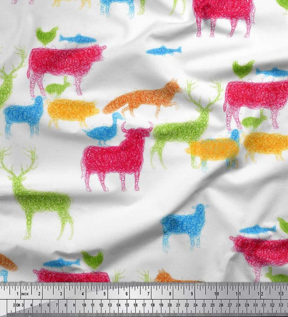 Soimoi Japan Crepe Satin Fabric Birds & Animals Hand Drawn Print Fabric by Metre 42 Inch