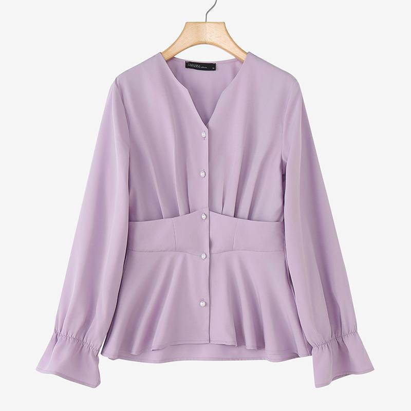 

ZANZEA Женская повседневная блузка с V-образным вырезом, свободного кроя, однотонная, с длинным рукавом 5XL фиолетовый