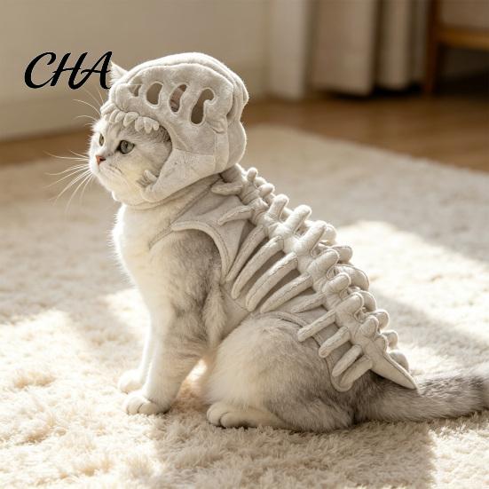 Carino Vestito da Gatto Costume Scheletro di Dinosauro, Completo con Cappuccio Peluche, Spettrale Abbigliamento per Animali Domestici per Social Media Halloween per Gattini Dolcetto o Scherzetto, Divertente Foto