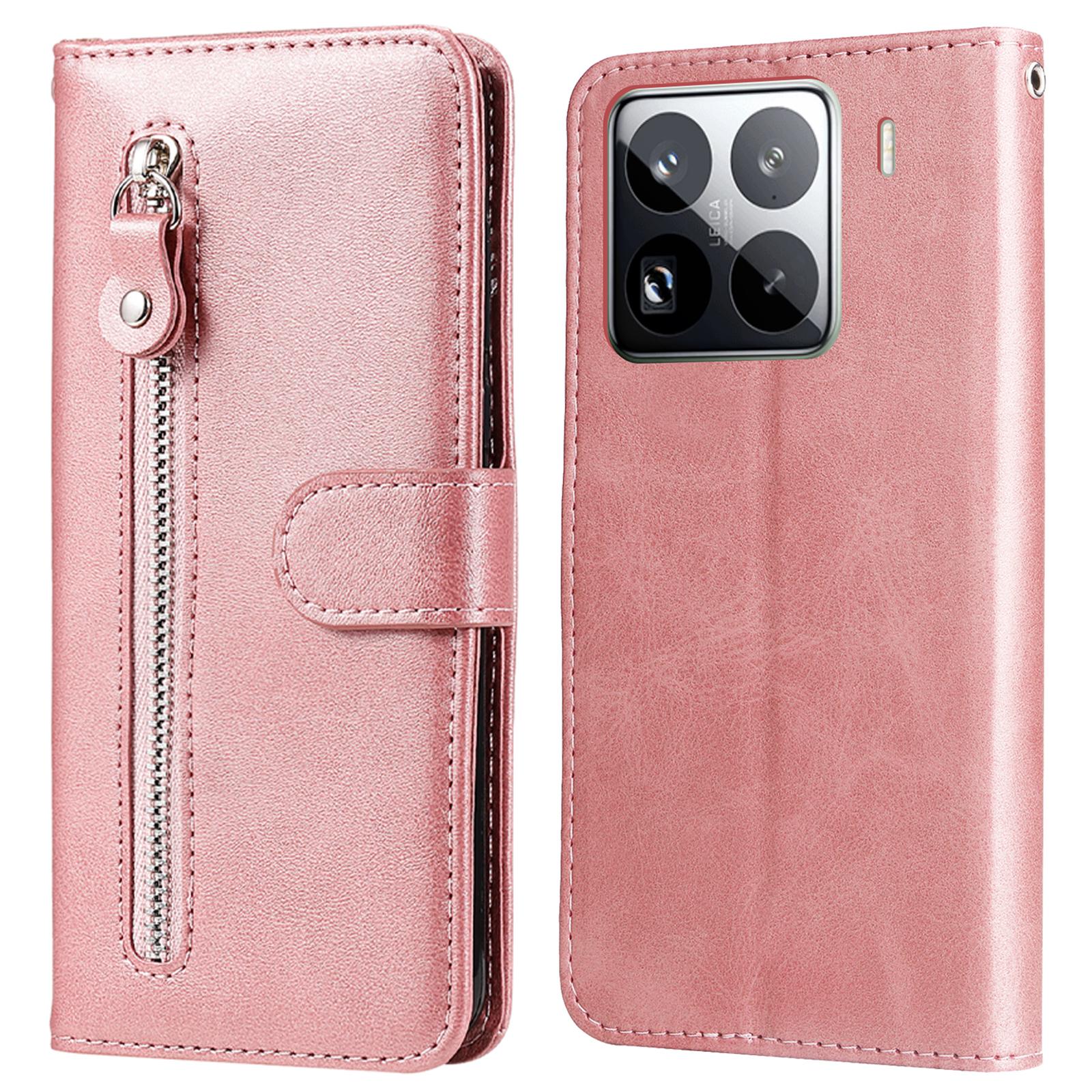 

For Xiaomi 15 Pro Case Zipper Wallet Calf Texture PU Leather Phone Cover Pink