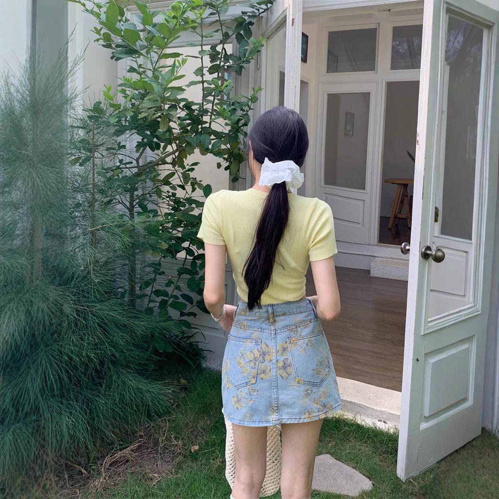 High Waist Elastic Flower Print Retro Denim Skirt Summer Spice Girl Hip Wrap Denim Skirt