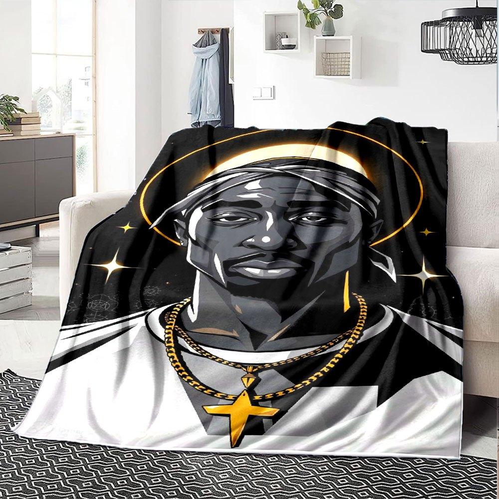 1pc 2PacHip Hop Blanket Soft Lightweight All Season Multi Purpose Throw for Sofa, Bed, Office & Picnics, French Style with Iconic Album Art & Quotes
