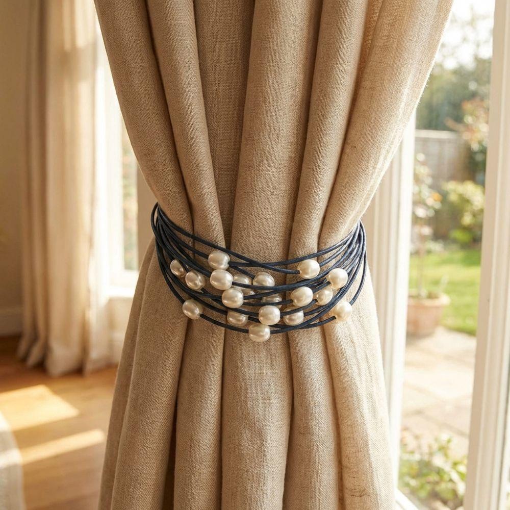 2PCS Light Luxury Pearl Curtain Tieback Adjustable Polyester Curtain Buckle Clips Decorative Imitation Pearl Ties Office