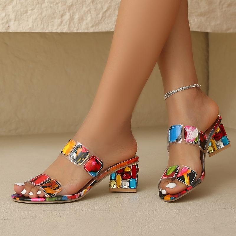 Fashion Chunky Slippers Summer New Style Round Head Open Toe Matching Color Set Foot Anti-slip Wear-resistant High Heels