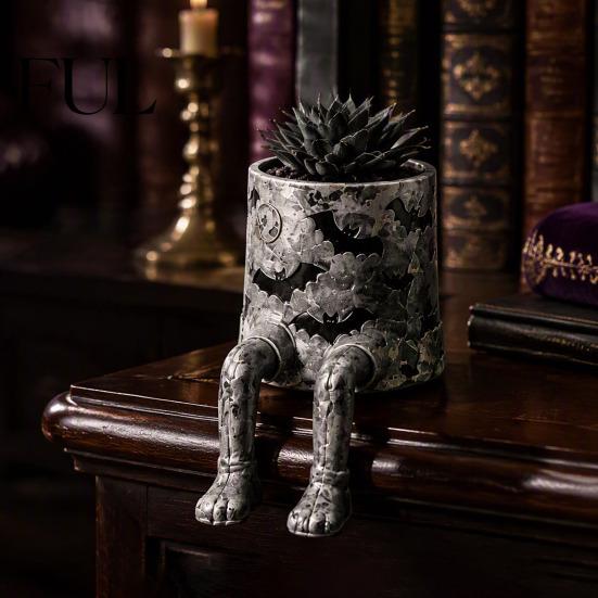Spooky Home Accents Halloween Sitting Leg-Dangled Planter, Funny Long Leg Succulent Plant Pot Whimsical Window Display Ornaments with Pumpkin