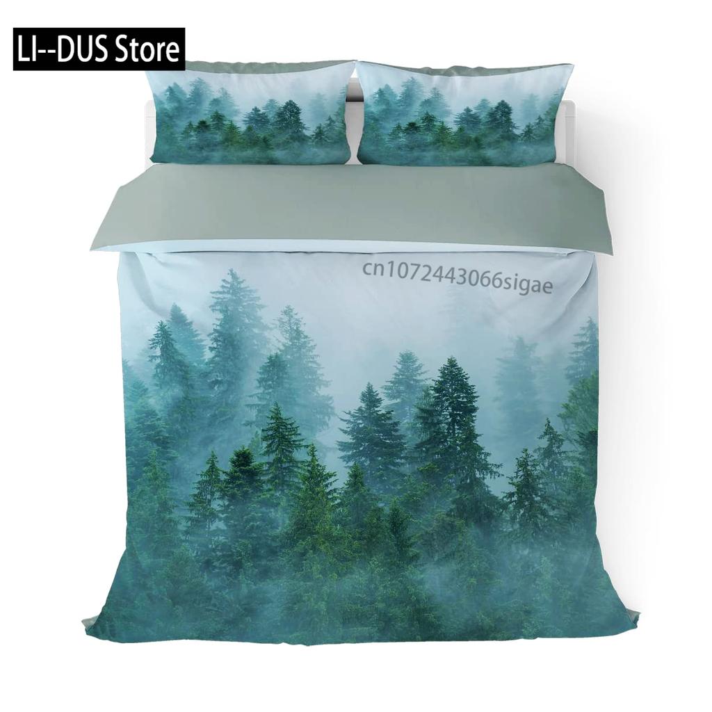 Pine Trees in The Forest Duvet Cover Set Foggy Decorative 3 Piece Bedding Set with 2 Pillow Shams Queen Full Size Warm Taupe