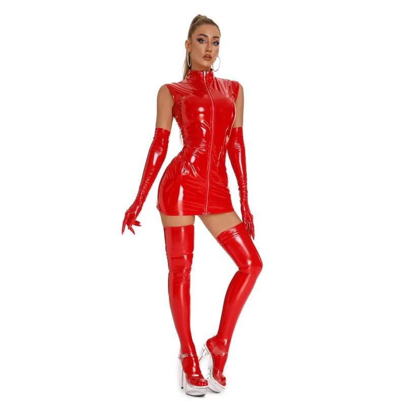 PU Leather Dress With Glove Stockings Punk Gothic Sexy Bodycon Mini Lingerie Dress Latex Catsuit Women Club Party Outfits