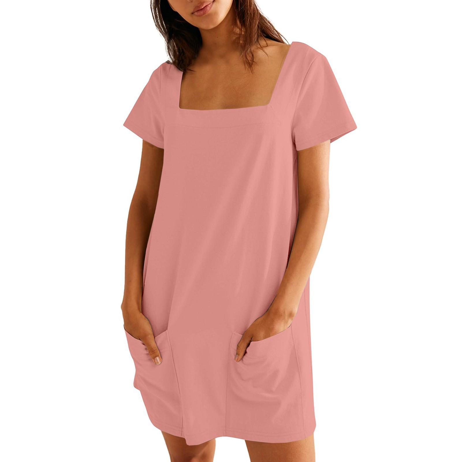 

Women s Solid Color Square Collar Short Sleeve Fashion Skirt Pocket Casual Dress L рожевий