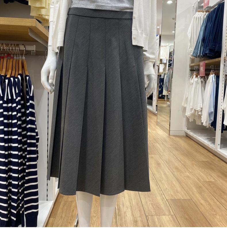 2025 Autumn/Winter Women's Casual Wide Pleated Mid-Length Skirt, Solid Color