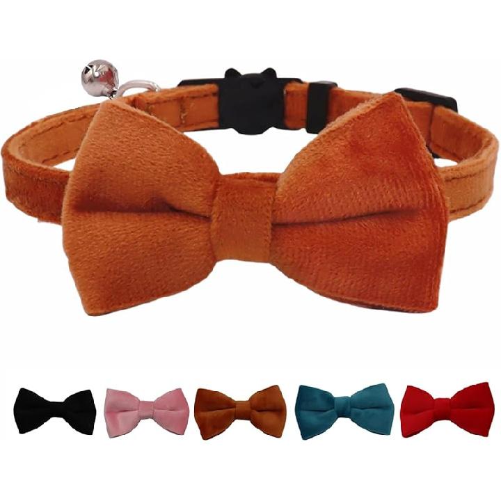 Cat Collar Breakaway with Bell and Removable Bow Tie Safety Buckle Velvet Adjustable 7-11 inches for Kitten Cats (Red)