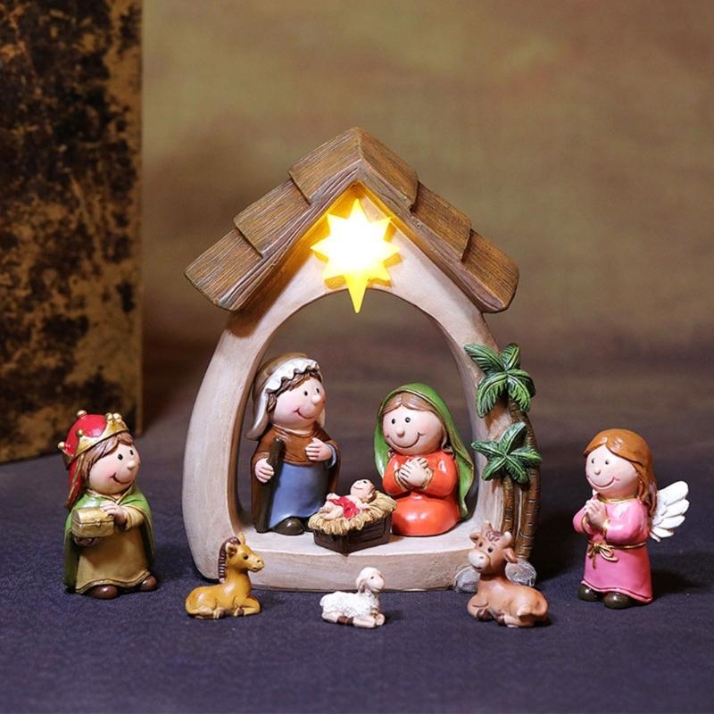 Nativity Statue Scene Set Holy Manger Christmas Crib Figurines Miniatures Ornament Church Gift Home Decorations