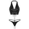 New Sexy Patent Leather Straps Split Two-piece Sex Suit