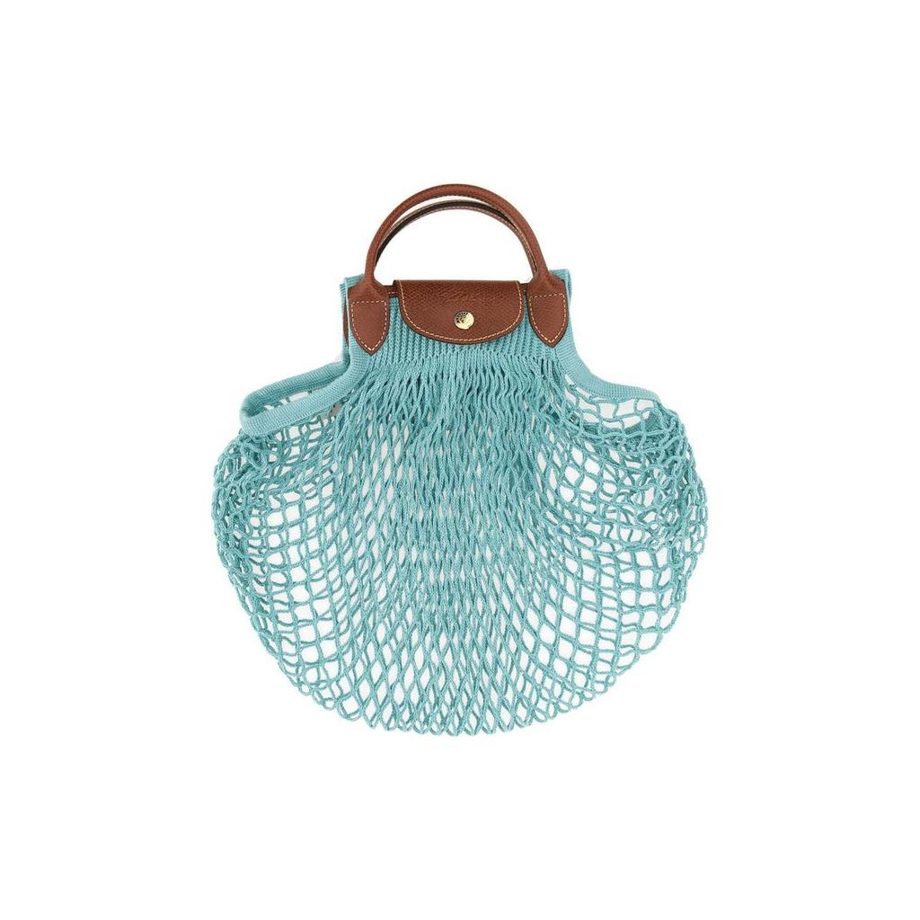 LONGCHAMP Le Pliage Filet Cotton With Cow Leather Shoulder Bag, Crossbody Bag, Handbag Womens Lagoon Blue