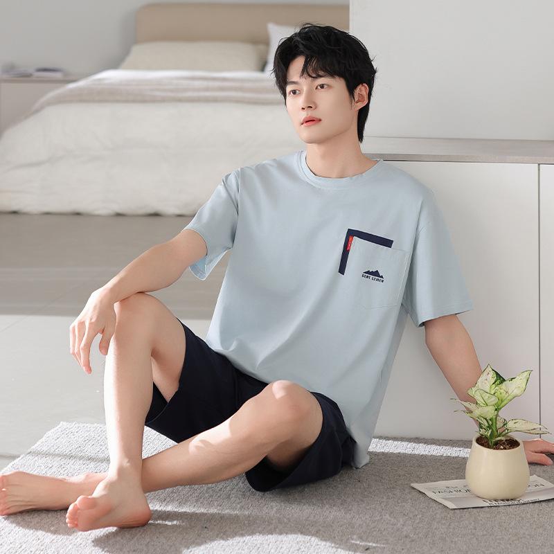1011 New Men's Pajamas Summer Cotton Short Sleeve Shorts Large Size Thin Loose Casual Style Homewear Set