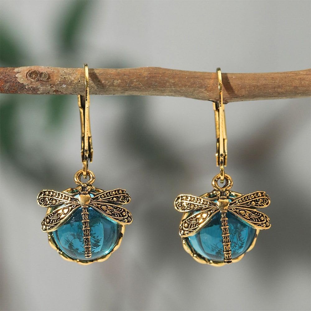 Dragonfly Drop Earrings 1 Pair Moonstone Inlaid Metal Carving Pattern Earrings for Women Pendant Design синий