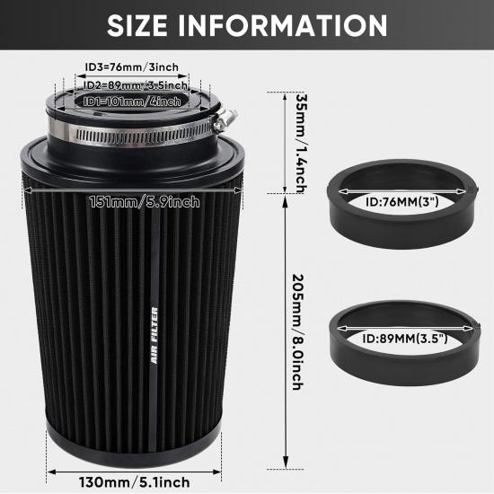 3 3.5 4 Inch Cold Air Intake Filter 76Mm 89Mm 101Mm High Performance Washable 3 Sizes In 1 Clamp-On Replacement Cone Air Filter Black