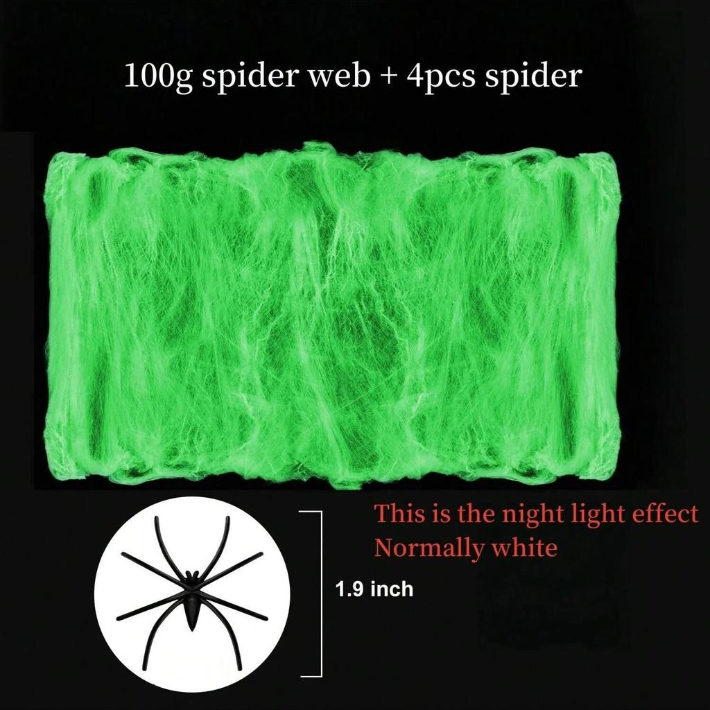 White Glowing Stretch Cobwebs with Black Plastic Spiders Halloween Indoor Outdoor Creepy Party Haunted House Decor