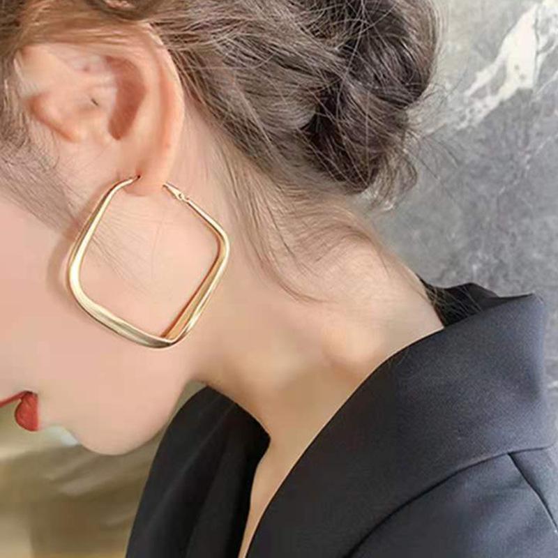Gold Color Big Square Hoop Earrings For Women Exaggerated  Geometric Irregular Circle Earrings Jewelry