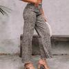 Women's High Waist Straight Leg Jeans Leopard Print Raw Frayed Hem Denim Long Pants