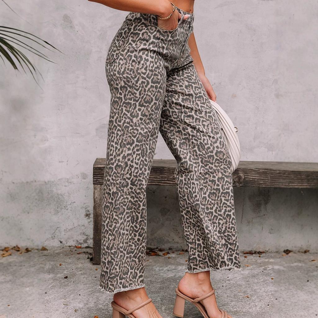 Women's High Waist Straight Leg Jeans Leopard Print Raw Frayed Hem Denim Long Pants