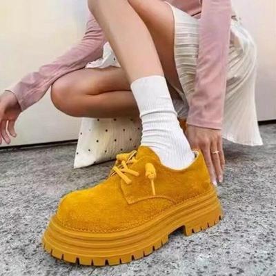 Fashion Women's Autumn Round Head Bull Suede Lace-Up Front Platform Heightened Low Top Casual Square Heel Shoes