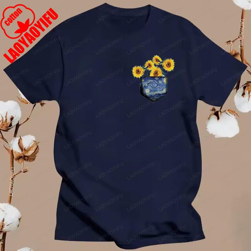 New The Great Wave on A Starry Night Cotton T Shirt Hokusai Great Wave Off Kanagawa Van Gogh Starry Night Oil Graphic T Shirts
