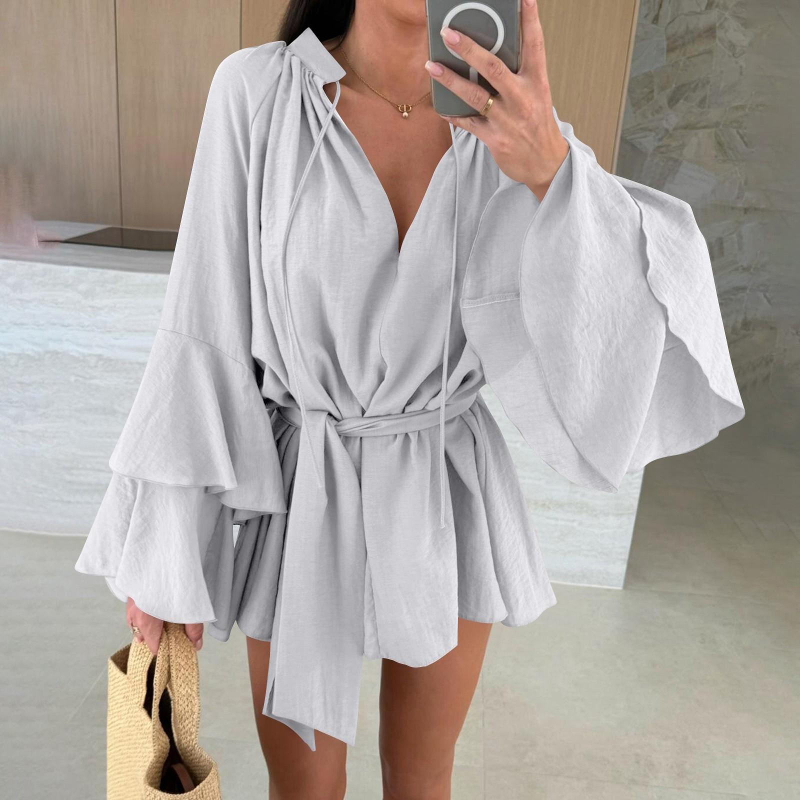 

Женская модная однотонная блузка с V-образным вырезом, нерегулярным кружевом и длинными рукавами свободного кроя XL белый