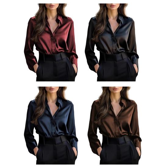 Women Shirt Lapel Long Sleeve Single Breasted Shirt Tops Smooth Fabric Satin Office Lady Shirt Versatile Autumn Wear
