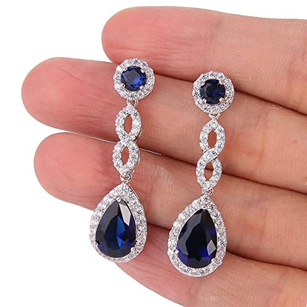 Silver Halo Blue Sapphire CZ Infinity Drop Earrings Long Teardrop Crystal Dangle Earrings Women Bridal Jewelry