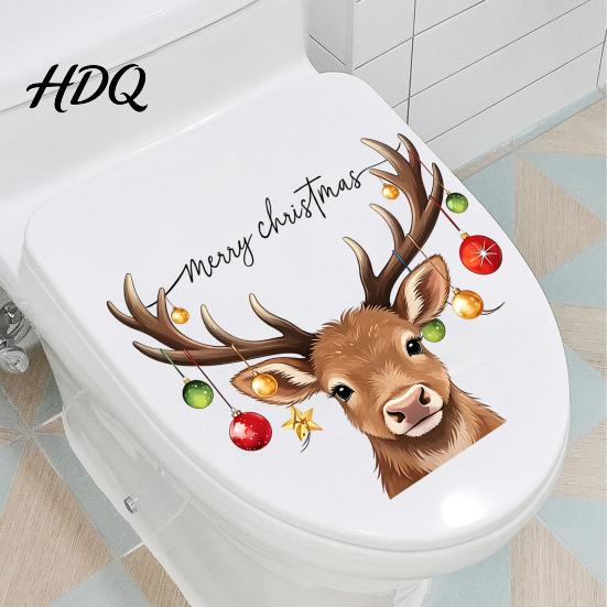 Removable PVC Wall Art Christmas Elk Toilet Seat Cover Sticker Cartoon Reindeer Lid Waterproof Glass Stickers Decal Self-Adhesive Bathroom