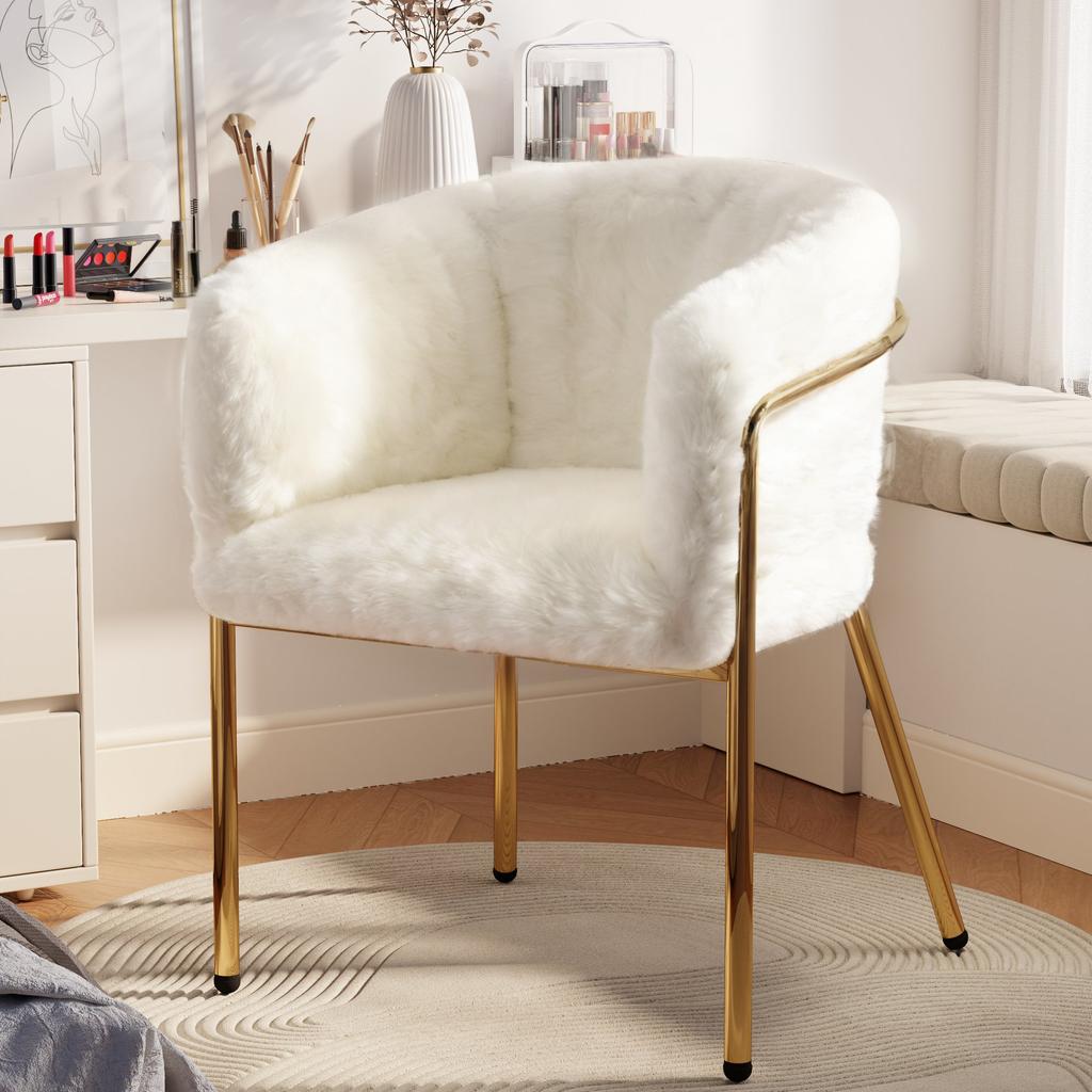 Leisure Chair, Set of 6, Dressing Chair, Light Luxury, with Four Metal Support Legs, Imitation Rabbit Down, White[OLD SKU:WF317938AAB-6]