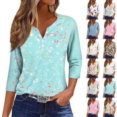 Women's Fashion Casual Printed V-Neck Short Sleeve Decorative Button Three-quarter Sleeve T-Shirt Top
