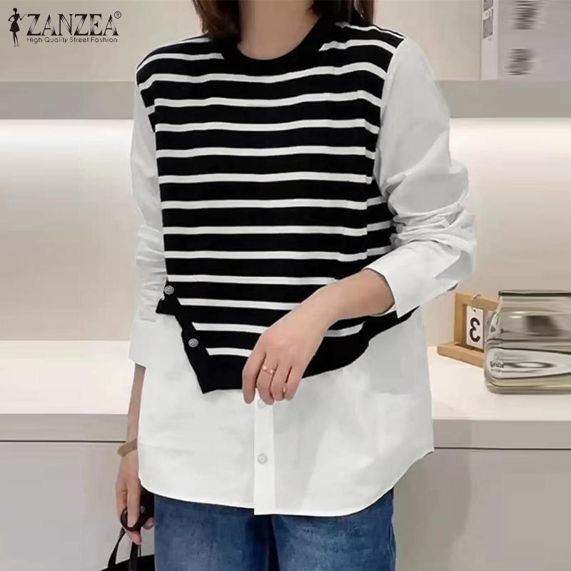 

ZANZEA Women Casual Stripe Patchwork Fake Two Piece Long Sleeve Blouse S чорний