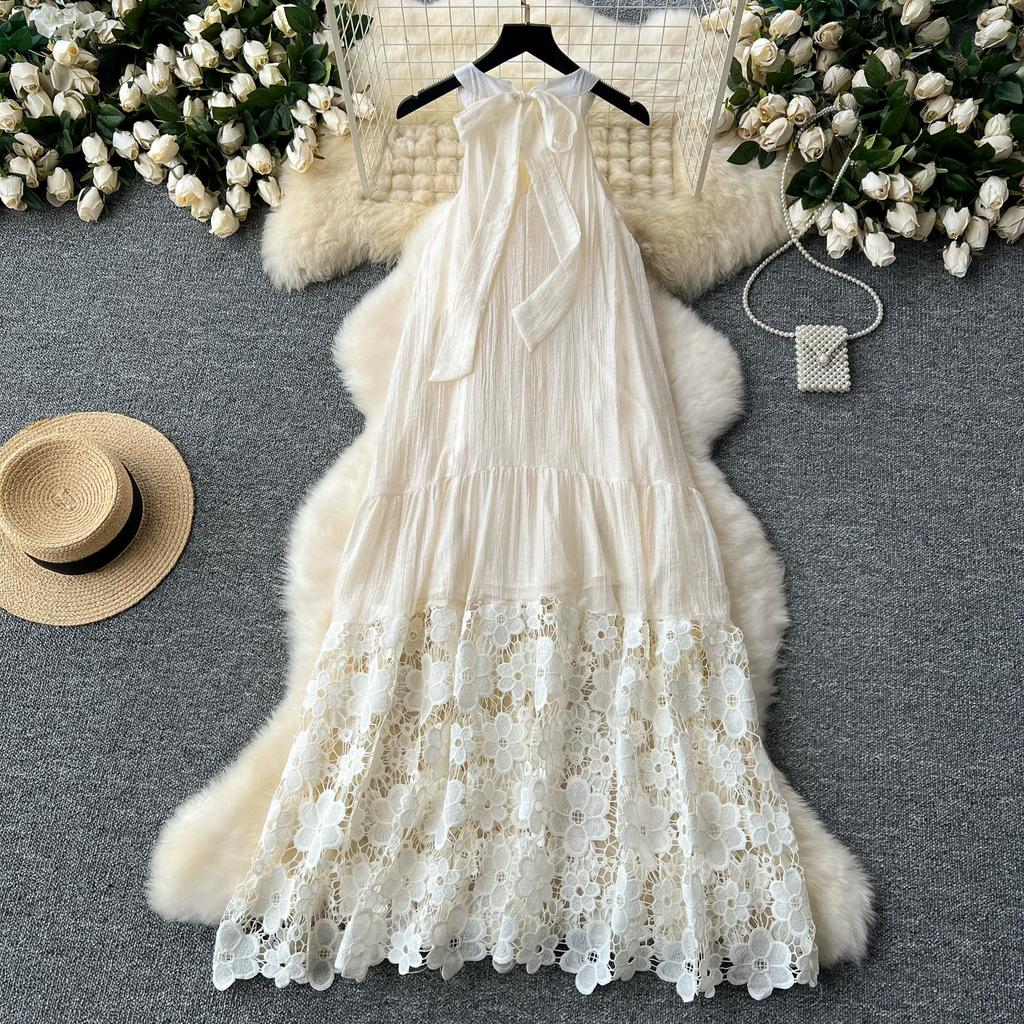 Moda femei broderie flori dantela scobire rochie de vară ocazional fără mâneci largi de vacanță rochii de plajă