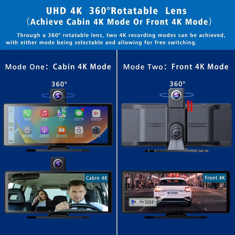 DVR de Coche de 10.26 Pulgadas 4K 3840*2160P Carplay Android-Auto Cámara de Salpicadero Cabina GPS 5G WIFI FM BT Cámara de Doble Lente Dashcam Grabación de Conducción